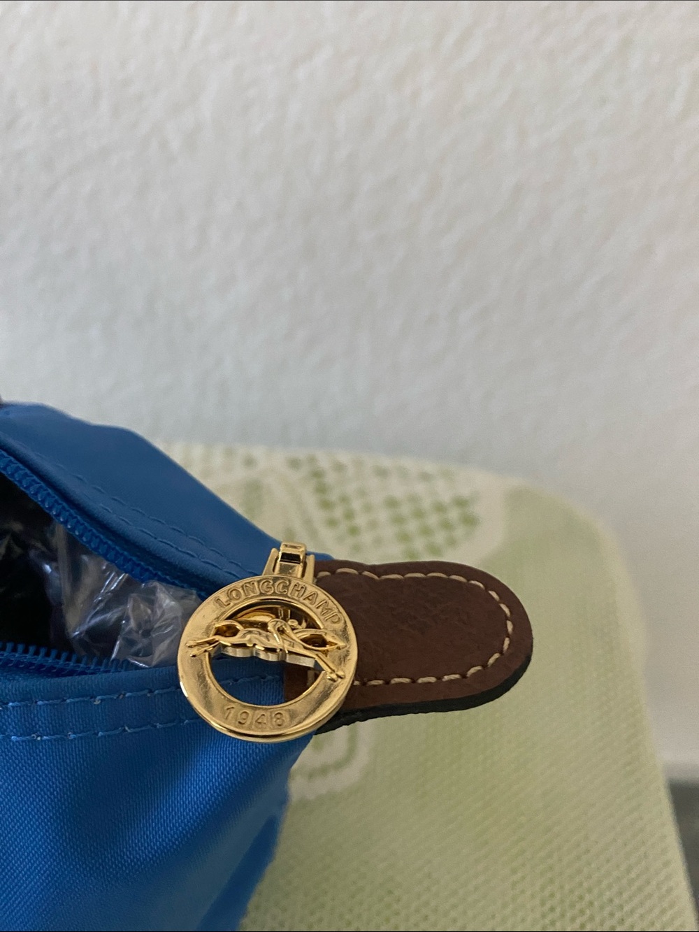 Longchamp - Small Blue Nylon Tote with Brown Leather Trim - Picture 3 of 8